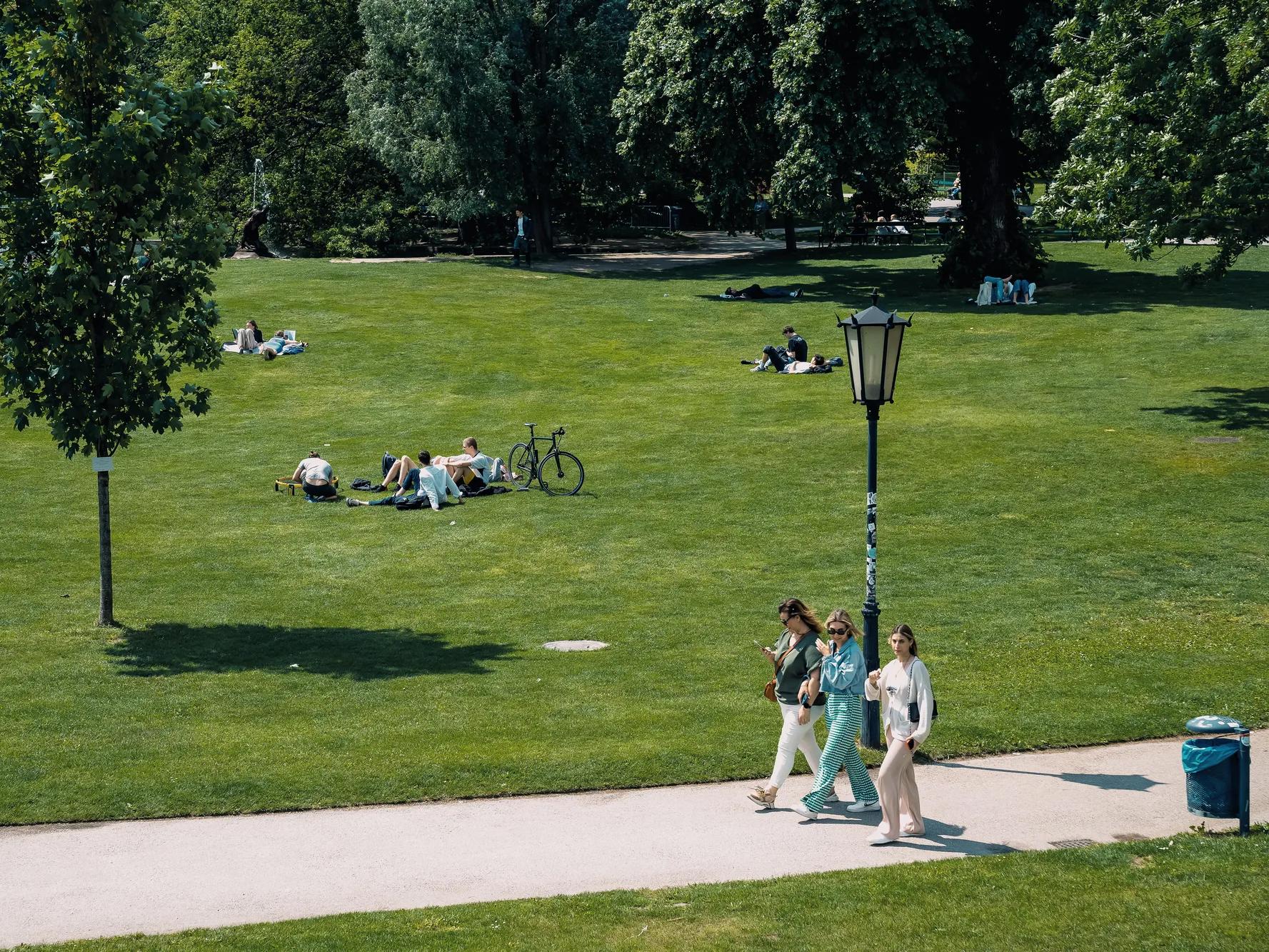 Hay gente descansando sobre la hierba en un parque soleado. En primer plano, tres personas caminan juntas por un sendero. También se ven un árbol, una farola y una bicicleta.