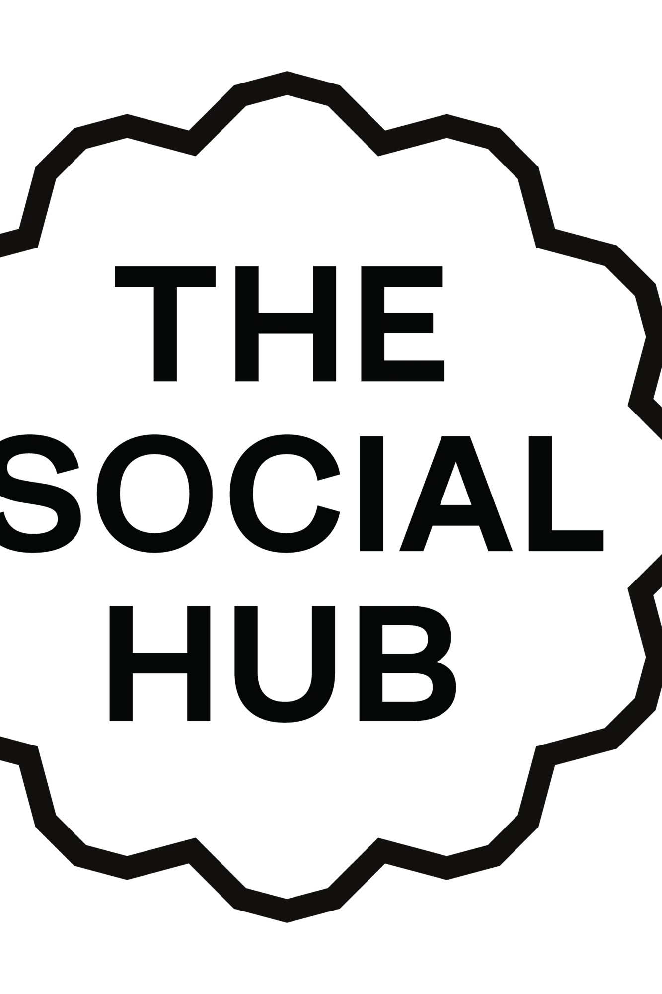 Schwarzes, gewelltes Abzeichen mit der Aufschrift „THE SOCIAL HUB“ in fetten, schwarzen Großbuchstaben, zentriert auf weißem Hintergrund.